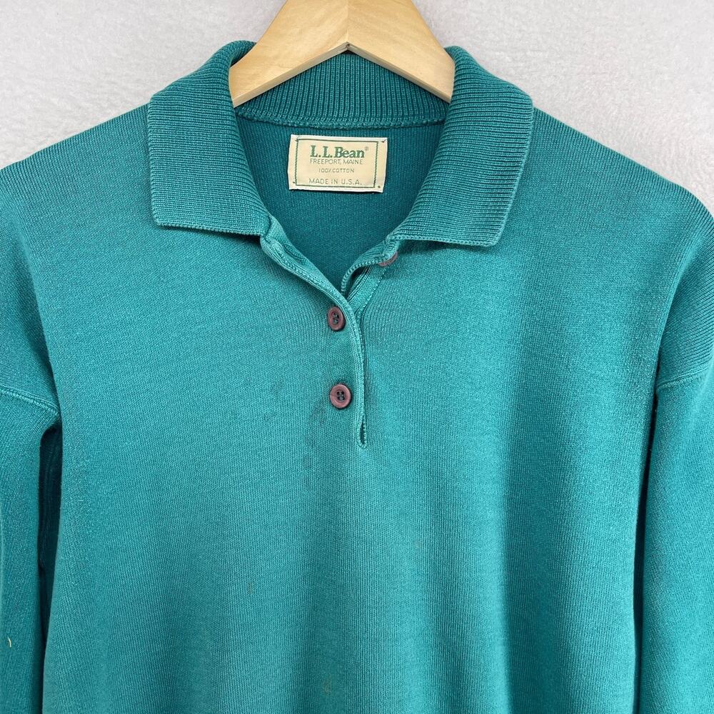 LL BEAN Sweater Womens M Polo Jumper Long Sleeve Pullover Cotton Green VTG USA - Picture 4 of 11